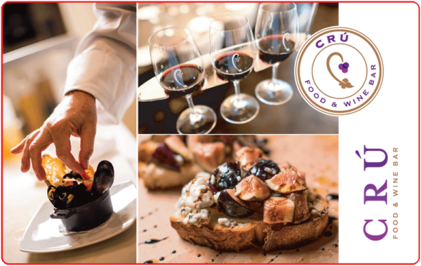 Image of CRU gift card featuring pictures of their delicious food and wine.