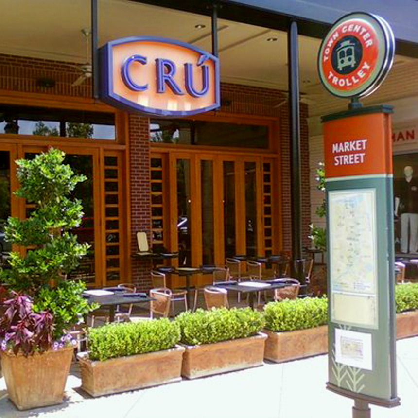 Photo of CRU Woodlands location with distinctive Market Street trolley signpost out front.